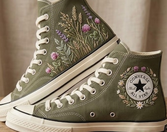 Wildflower Embroidered Converse High Tops, Lavender Clover Daisy Floral Sneakers, Cottagecore Botanical Shoes, Meadow Garden Lover Gift