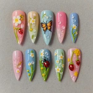 Handmade 3D Spring Garden Press On Nails | Floral Butterfly Ladybug Bee Design | Long Almond Cute Colorful Nails