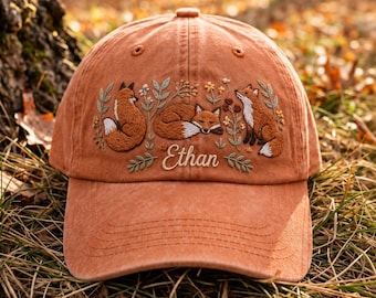 Personalized Fox Embroidered Hat, Custom Name Woodland Fox Cap, Sleeping Fox Wildflower Embroidery, Cottagecore Nature Lover Gift for Her