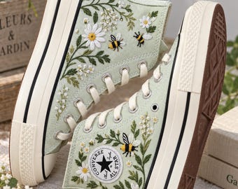 Bee Daisy Embroidered Converse, Wildflower Garden High Tops, Botanical Cottagecore Sneakers, Meadow Floral Nature Lover Gift Shoes
