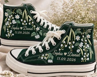 Personalized Wedding Converse, Lily of the Valley Embroidered High Tops, Custom Couple Name Date Sneakers, Cottagecore Bride Wedding Gift
