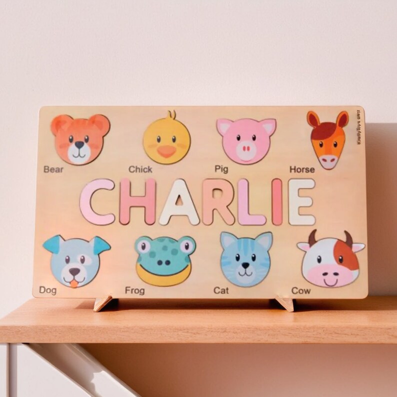 Personalized Handmade Baby Name Puzzle With Animals, Baby Girl Gift