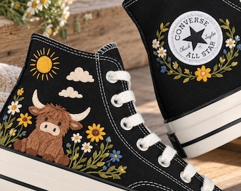 Highland Cow Embroidered Converse, Wildflower High Tops, Sunflower Daisy Sneakers, Cottagecore Farm Shoes, Cow Lover Nature Gift