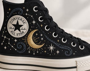 Celestial Embroidered Converse, Crescent Moon Constellation High Tops, Astrology Star Sneakers, Cosmic Witchy Space Lover Gift