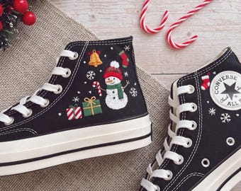 Snowman Christmas Embroidered Converse, Stocking Candy Cane High Tops, Gift Box Snowflake Holiday Sneakers, Handmade Festive Christmas Gift