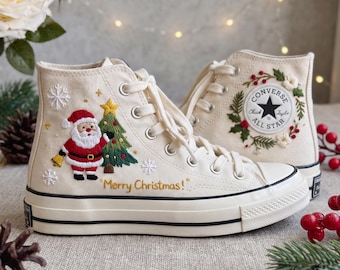 Santa Christmas Embroidered Converse, Christmas Tree Floral Wreath High Tops, Snowflake Holiday Sneakers, Handmade Festive Gift for Her
