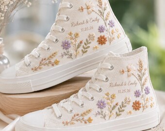 Personalized Autumn Wedding Converse, Hand Embroidered Cosmos Daisy and Wheat Bridal Shoes, Custom Name and Date Floral High Tops