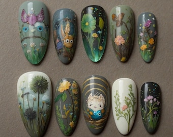 Funny Totoro Press On Nails, Handmade Anime Fake Nails with Forest Spirits, Soot Sprites & Dandelions nails, Kawaii Nail ArtTrendy Y2K