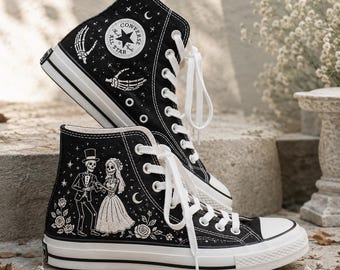 Custom Skeleton Wedding Embroidered Converse High Top Shoes, Gothic Bridal Sneakers, Embroidered Bridal High Tops, Gothic Bride Gift
