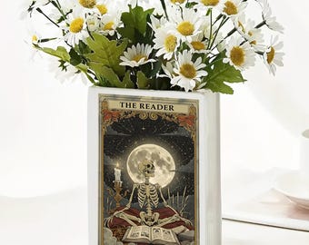 The Reader Book Vase, Gothic Skeleton Reading Decor, Dark Academia Home Vase, Witchy Book Lover Gift, Moonlit Tarot Inspired Vase