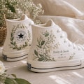 Custom Embroidered Wedding Converse Shoes, Personalized Bride Sneakers with Names & Date, Hand Embroidered Lily Of the Valley Shoes product logo