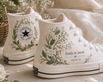 Custom Embroidered Wedding Converse Shoes, Personalized Bride Sneakers with Names & Date, Hand Embroidered Lily Of the Valley Shoes