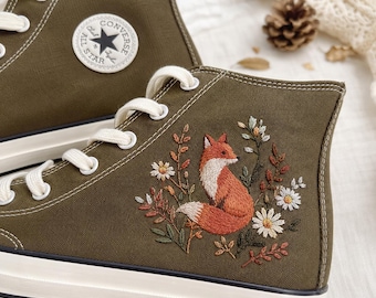 Embroidered Fox Converse High Tops, Woodland Fox Floral Sneakers, Custom Nature Canvas Shoes, Forest Animal Gift for Her
