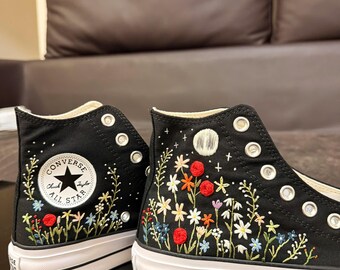 Embroidered Wildflower Moon High Top Sneakers, Cottagecore Floral Canvas Shoes, Celestial Botanical Sneakers, Nature Lover Gift for Her