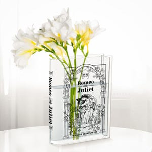 Jarrón acrílico con forma de libro de Romeo y Julieta, florero literario, regalo para amantes de los libros, decoración de Shakespeare, decoración literaria única para el hogar, decoración romántica con libros