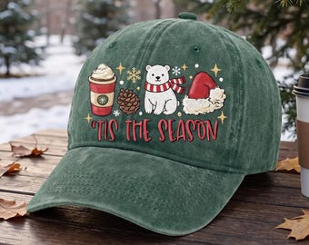 Tis the Season Embroidered Christmas Hat, Cute Polar Bear Coffee Dad Cap, Santa Hat Winter Baseball Cap, Cozy Holiday Gift for Her