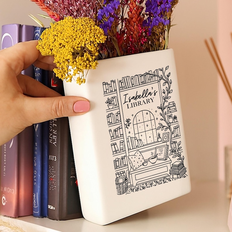 Isabella’s Library Book Vase, Cozy Reading Nook Book Vase, Personalized ...