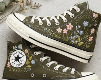 Wildflower Daisy Embroidered Converse High Tops, Pink Blue Floral Sneakers, Cottagecore Botanical Shoes, Meadow Garden Lover Gift, Handmade