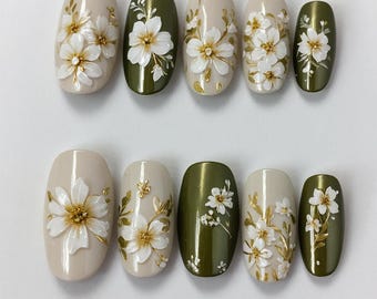 Handmade Jasmine Flower Press On Nails – Olive Green & Gold Floral 3D Nails | Elegant Botanical Nails | Reusable Fake Nails Set