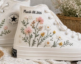 Personalized Wedding Date Embroidered High Top Sneakers, Custom Floral Bridal Canvas Shoes, Wildflower Bride Shoes, Wedding Gift