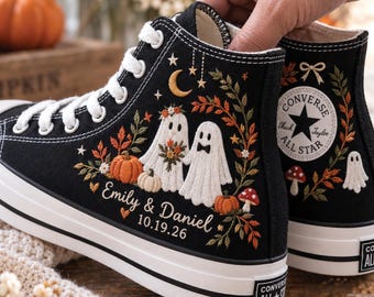 Personalized Halloween Wedding Converse, Ghost Couple Embroidered High Tops, Custom Name Date Sneakers, Pumpkin Fall Bridal Sneakers Gift