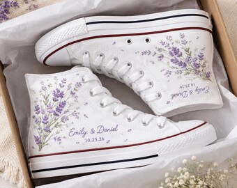 Personalized Wedding Converse, Lavender Wildflower Embroidered High Tops, Custom Couple Name Date Sneakers, Cottagecore Bridal Gift