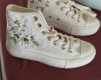 Custom Converse Chuck Taylor Embroidered, Custom Embroidered Wedding Sneakers, Bridal Flowers Embroidered Shoes, Personalized Bride Sneakers