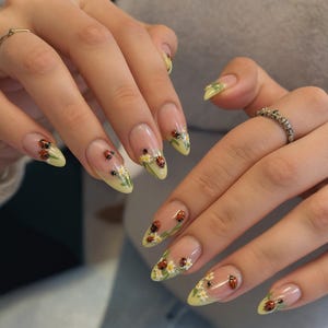 Ladybug Garden Press On Nails | Yellow Tip Floral Nails | Handmade Spring Summer Nails | Reusable Almond 3D Nail Set