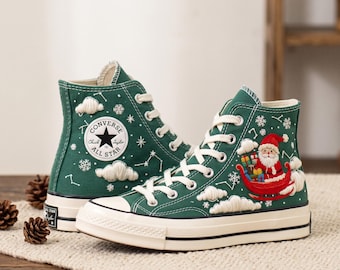 Santa Sleigh Embroidered Converse, Christmas Cloud Snowflake High Tops, Holiday Sky Sneakers, Handmade Festive Christmas Gift for Her