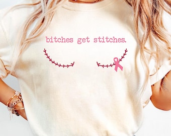 Camiseta "Cadelas com Câncer de Mama Levam Pontos", Moletom para Sobrevivente de Mastectomia, Presente Engraçado para Conscientização sobre o Câncer de Mama, Blusa com Laço Rosa