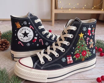 Christmas Tree Embroidered Converse, Candy Cane Stocking High Tops, Gingerbread Holiday Sneakers, Handmade Festive Christmas Gift