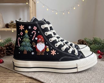 Christmas Gnome Embroidered Converse, Christmas Tree Candy Cane High Tops, Snowflake Holiday Sneakers, Handmade Festive Gift