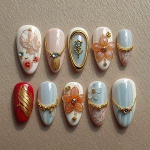Vacation Press On Nails | 3D Pink & Red Floral Nail Set | Long Tropical Summer Nails for Beach, Wedding, Party or Graduation