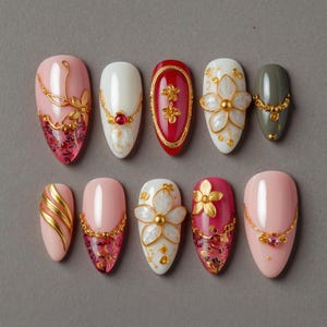 Vacation Press On Nails 3D Pink Floral,Red and Pink Long Fake Nails for Beach Holiday or Tropical Summer Look,Wedding, Party,Graduation Nail
