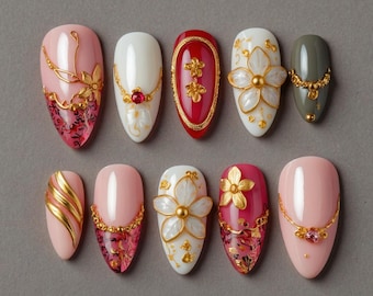 Uñas postizas largas con diseño floral rosa, rojo y rosa en 3D para vacaciones, ideal para playa, verano tropical, bodas, fiestas y graduaciones.