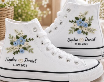 Personalized Wedding Converse, Blue Rose Wildflower Embroidered High Tops, Custom Couple Name Date Sneakers, Bridal Gift