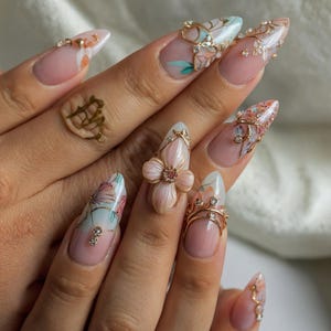 3D Floral Mermaid Press On Nails | 3D Pink Flower Nails | Handmade Seashell-Inspired Nail Art | Pearl & Crystal Coastal Set , Beach Nail