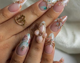 Presse sirène florale 3D sur les ongles | Ongles fleur rose 3D | Nail Art fait main inspiré des coquillages | Ensemble côtier de perles et de cristaux, ongles de plage