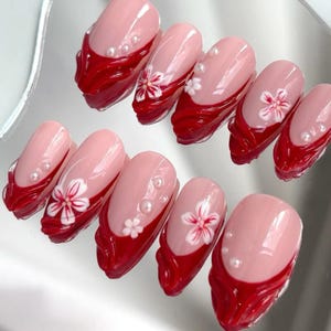 Red Floral 3D Press On Nails, Pearl Accent Pink Nails, Sculpted Red Swirl Tips, Fake Nails, Romantic Flower Nail Set, Girly Press On Nails