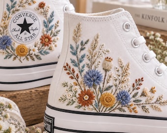 Wildflower Embroidered Converse, Blue Cornflower Garden High Tops, Cottagecore Botanical Sneakers, Meadow Floral Nature Lover Gift Shoes