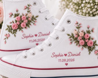 Personalized Wedding Converse, Embroidered Pink Rose Bouquet High Tops, Custom Bride Name Date Sneakers, Bridal Shower Gift