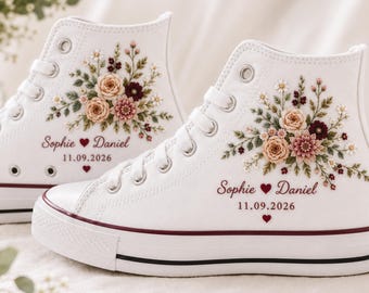 Personalized Wedding Converse, Peach Rose Wildflower Embroidered High Tops, Custom Couple Name Date Sneakers, Romantic Bridal Shower Gift