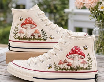 Embroidered Mushroom Converse High Tops, Cottagecore Forest Canvas Sneakers, Woodland Toadstool Shoes, Nature Lover Gift for Her