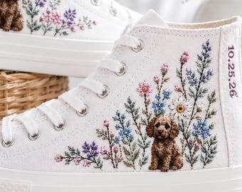 Custom Pet Portrait Converse, Embroidered Dog Wildflower Wedding High Tops, Personalized Date Sneakers, Bride Pet Lover Gift