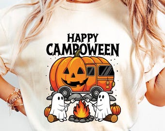 Happy Campoween Shirt, Halloween Camping Ghost Tee, Pumpkin Camper Fire Shirt, Spooky Campfire Graphic Top, Funny Camper Halloween Tee