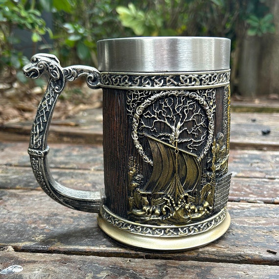 Viking Valhalla Ship Drinking Beer Coffee Mug 22 Oz, Viking Tankard Life Tree Yggdrasil, Valhalla Calling mug, Gift for Dad