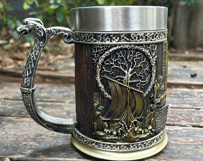 Viking Valhalla Ship Drinking Beer Coffee Mug 22 Oz, Viking Tankard Life Tree Yggdrasil, Valhalla Calling mug, Father's Day, Gift for Dad