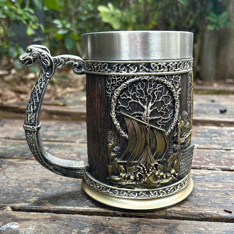 Viking Valhalla Ship Drinking Beer Coffee Mug 22 Oz, Viking Tankard Life Tree Yggdrasil, Valhalla Calling mug, Father's Day Gift for Dad