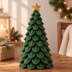 Op de afbeelding: Een kegelvormige kerstboomdecoratie gemaakt van donkergroen garen met een gelaagde, bladachtige textuur. De boom is bekroond met een kleine, vijfpuntige ster van lichtgeel garen, wat zorgt voor een zacht, textielachtig kerstornament.