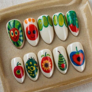 Funny Whimsical Hungry Caterpillar Press On Nails | Fruit & Bug-Inspired Nail Art | Handmade Storybook Nails | Cute Gift for Teachers
